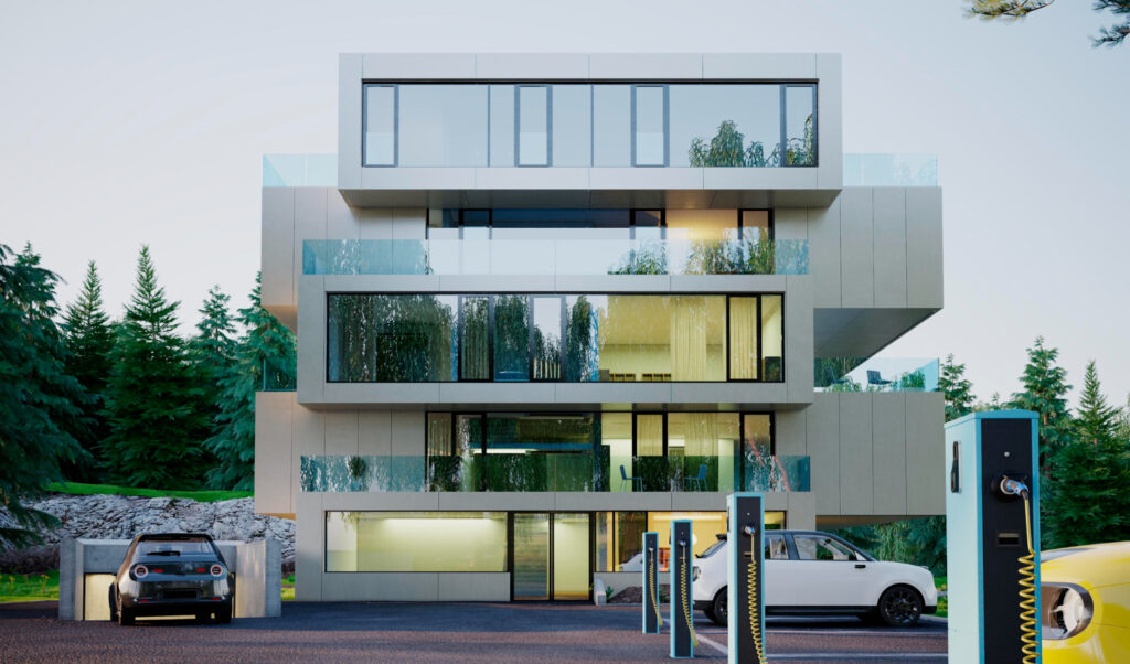 3d electric car and residential building